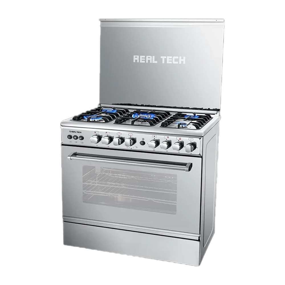 بوتاجاز ريال تك روك 90 سم – 5 شعلة غاز + فرن كهرباء، أمان كامل، ستانلس ستيل