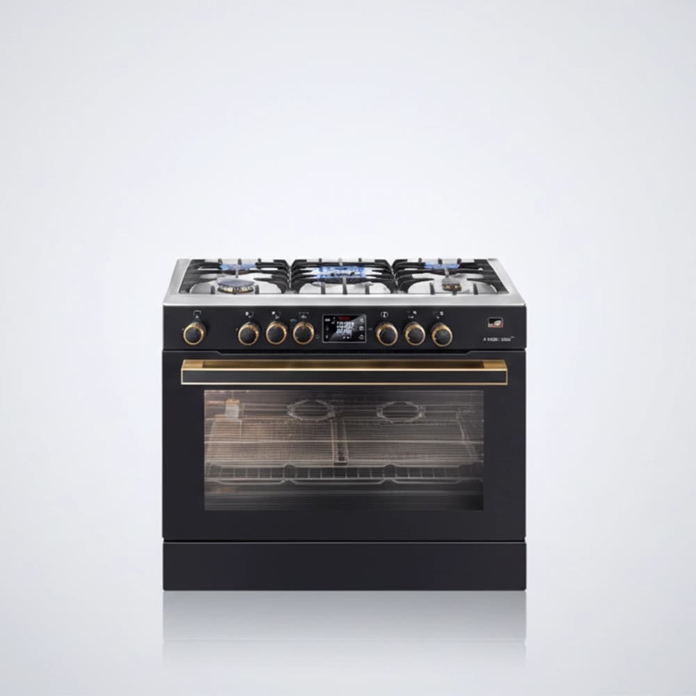 بوتاجاز ريال تك شارك بلاك جولد 5 شعلات 90×60 – أمان كامل ومروحة فرن