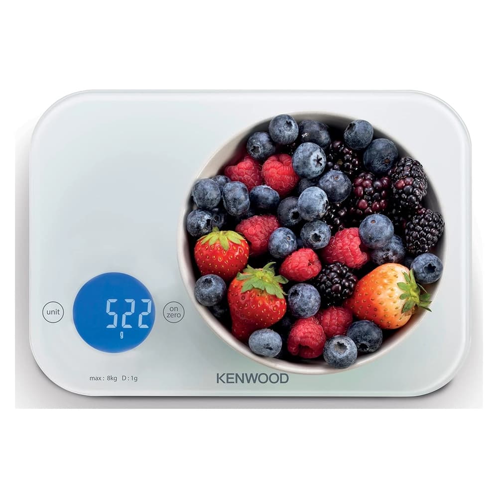 ميزان مطبخ رقمي كينوود WEP50.000WH – زجاج مقوّى، حمولة 8 كجم، شاشة LCD